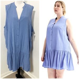 Women Nine West Plus Size 3X Light Blue Button Front Ruffle Lined Hem Dress NWT